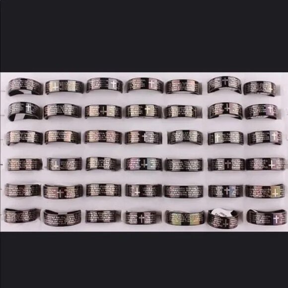 NWT MEN'S CHRISTIAN THE LORD'S PRAYER STAINLESS STEEL BLACK RING SIZE 8, 10 & 11 - Picture 2 of 2